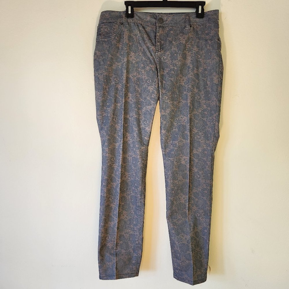 Ink Denim Bluegreen/Gold Brocade Paisley Floral Damask Stretch Pants Size 12